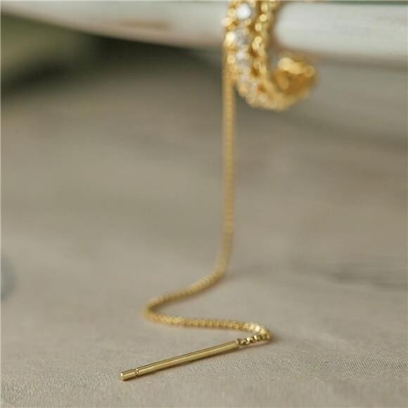 Gold Rhinestone Fringe Clip Earrings | Long Crystal Dangle Hoops - Picture 6 of 7